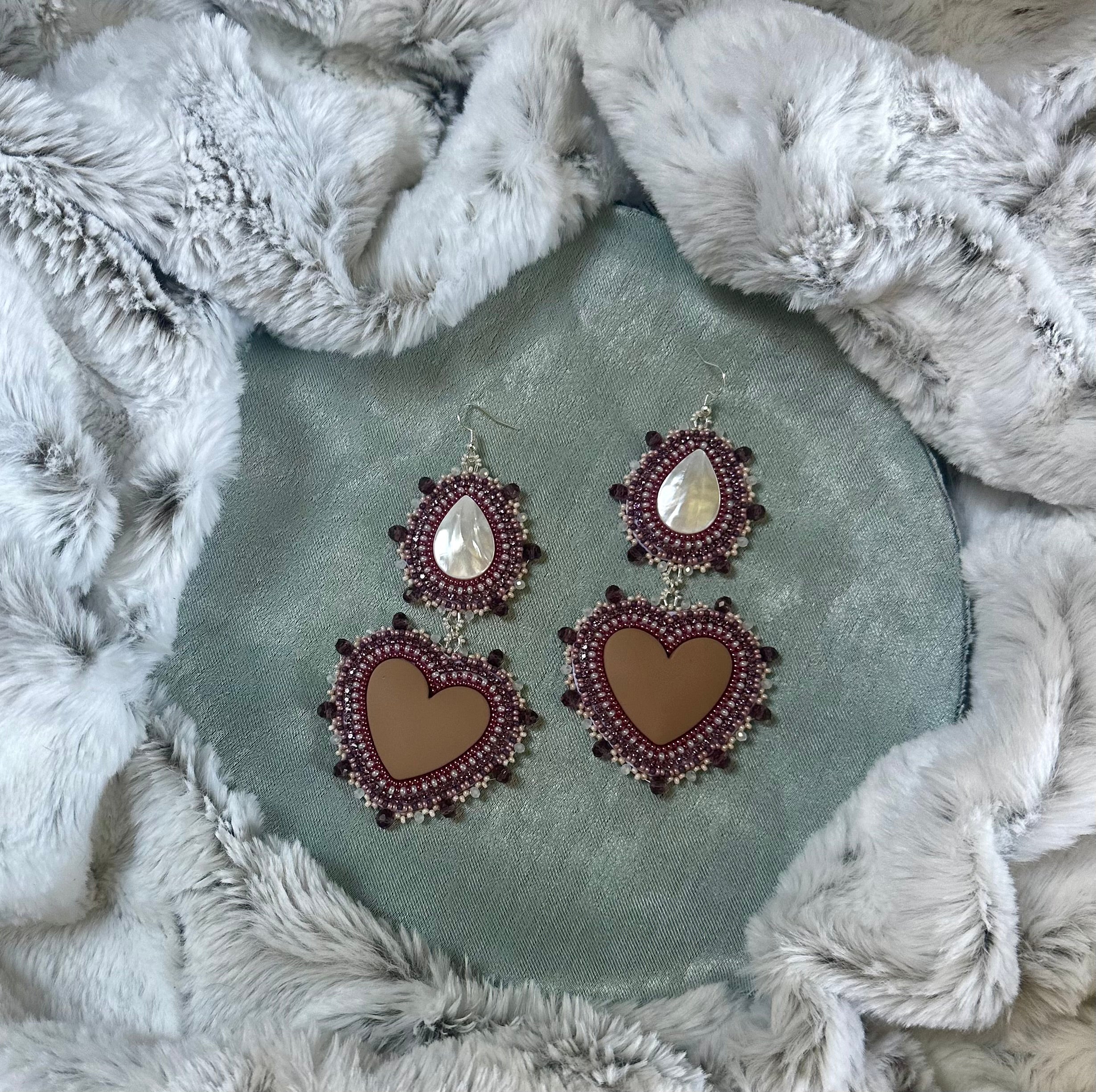 Orchid Echo Khaki Heart Earrings with Mother-of-Pearl Beaded Teardrop dangles