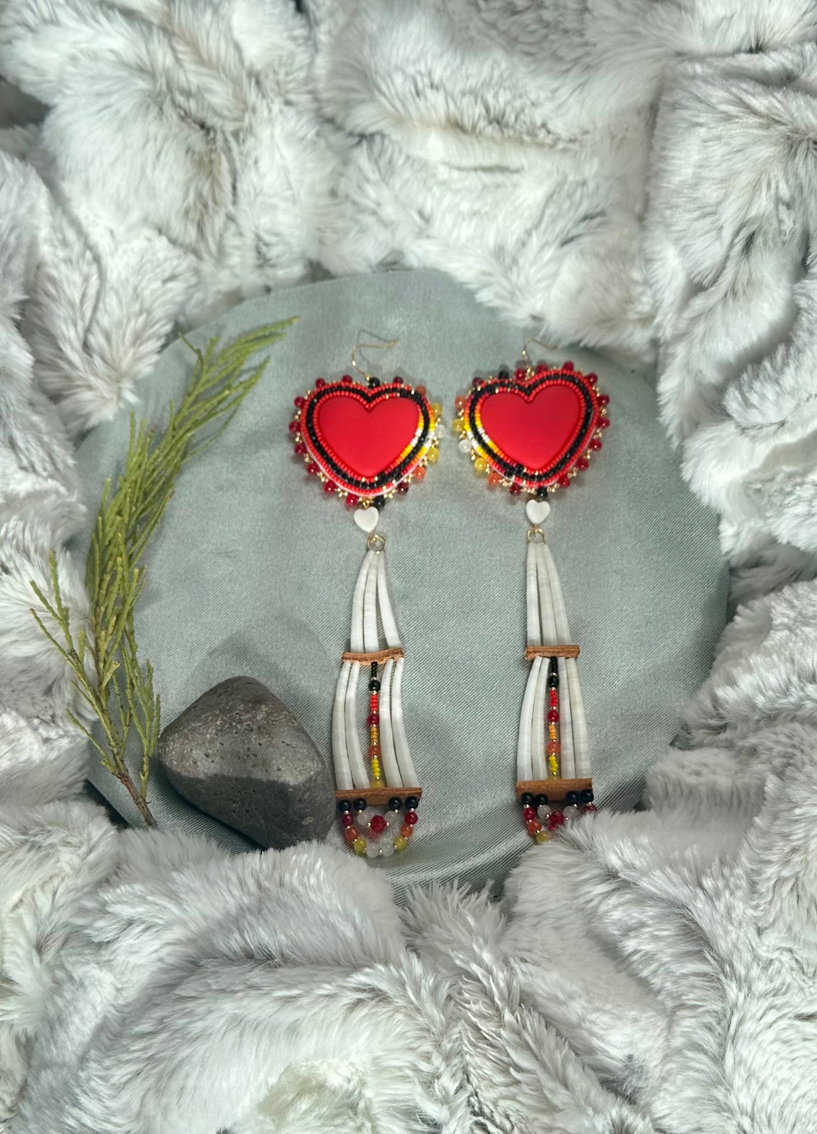 Firelight Red Hearts with Dentallium Earrings